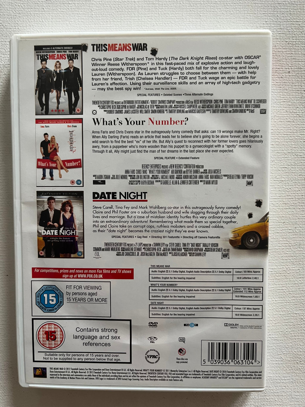 This Means War + What’s Your Number? + Date Night – 3-Movie DVD Set (2010–2012)